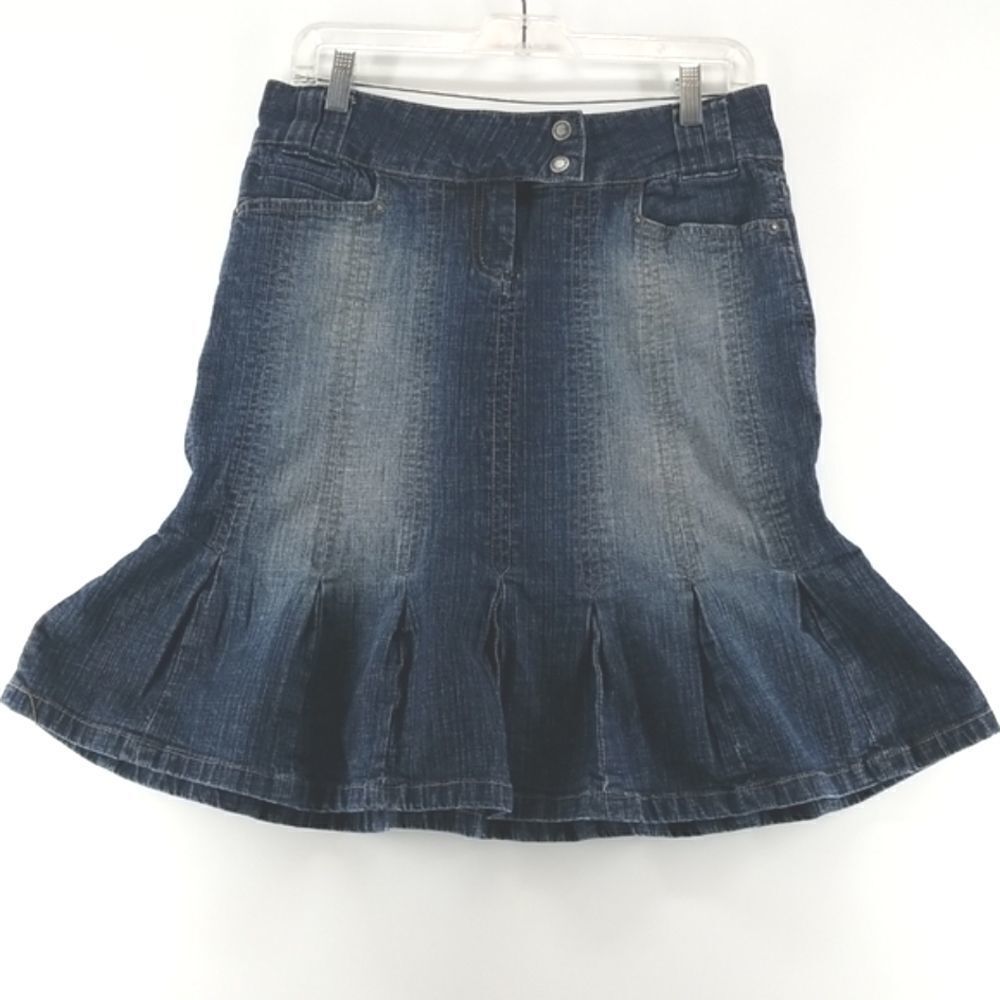 Moto Skirt Womens Size 12 Jean Blue Denim Pleated Button Zip Closure Pockets